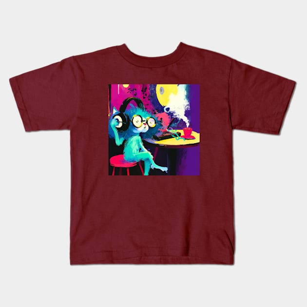 Hip Blue Cat Enjoys Some Music with a Cup of Coffee Kids T-Shirt by Star Scrunch